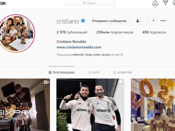 Криштиану Роналду набрал 250 млн подписчиков в Instagram